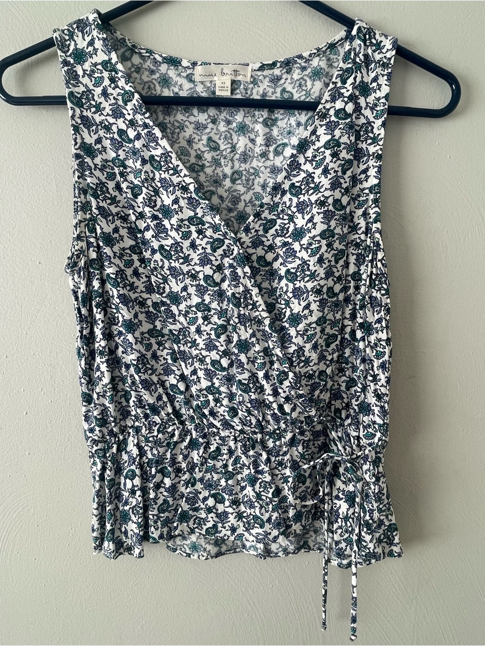 nine britton White Floral Wrap Tank with Green & Navy Print